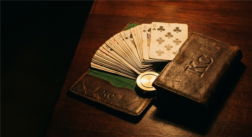 Table de jeu avec cartes et jetons sur surface sombre